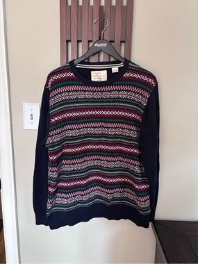Weatherproof Navy Fair Isle Crewneck Sweater with Red and Green Accents